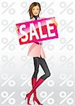 fashion shopping girls with board sale -  vector illustration