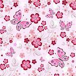 Pink seamless floral pattern with flowers and butterflies (vector)