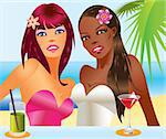 Two beautiful women with cocktails on the beach- vector illustration