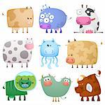 Collection of cartoon colored crazy funny cows