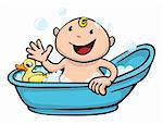 Clipart illustration of a happy cute baby playing in the bath tub with a rubber duck