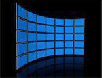 3D video wall of flat tv screens, isolated on black. With 2 clipping paths : global scene clipping path and screens clipping path to place your designs or pictures.