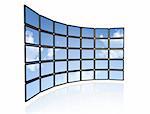 3D video wall of flat tv screens with sky background, isolated on white. With 2 clipping paths : global scene clipping path and screens clipping path to place your designs or pictures.