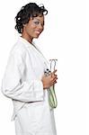 A beautiful black female doctor in a lab coat holding a stethoscope