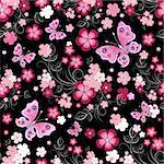 Dark seamless floral pattern with flowers and butterflies (vector)