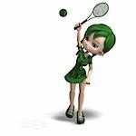 toon girl in green clothes with racket and tennis ball. 3D rendering with clipping path and shadow over white