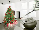 Christmas fir tree in the modern room interior 3d render