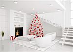 Christmas fir tree in the modern white room with fireplace interior 3d render