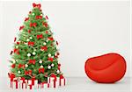 Christmas tree with decorations in the room with red armchair interior 3d render