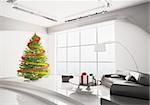 Christmas fir tree with decorations in modern living room interior 3d render