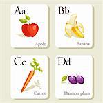 Fruits and vegetables  alphabet cards , illustration, part 1of 7