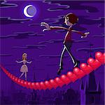 At Valentine's night a balancing boy and girl goes toward each other on row of red hearts hanging over the town.