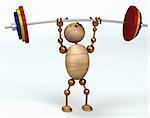 wood man lifting heavy barbell 3d rendered
