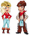 Cowboy and cowgirl. Funny cartoon and vector characters, isolated objects