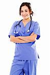 Stock image of female medical worker over white background