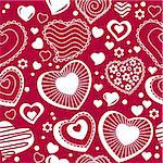 Seamless red background with different contour hearts