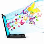 illustration of butterflies coming out of laptop on white background