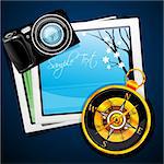 illustration of compass with camera and pictures on abstract background