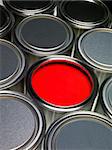 Paint cans full frame with a red can opened
