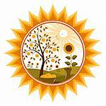 vector apple tree and sunflowers in sun, Adobe Illustrator 8 format