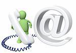 Puppet with e-mail symbol and handset. Isolated over white