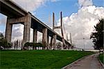 The new highway over the river Tagus in Lisbon, was commissioned in  April 1, 1998 g - to 500-th anniversary of explorer Vasco da Gama  sea route from Europe to India. Bridge - one of several large-scale  construction projects on the Iberian peninsula, made in  commemorate the 500 th anniversary of the discovery of America. The total length of the bridge Vasco da Gama, 17 km