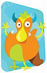 Big mouthed funny cartoon of a happy devil, orange with yellow bird legs, blue horns and sharp teeth. Great for print, cards, e-card, calendar, postacard and more. Broad nose on a turquoise light blue background of clouds and cloudy shapes. Brown beaver tail