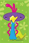 Chicken bird cartoon monster, with four arms, large purple oval head, slimy tail, and confident smile on her face, on a greend flower background