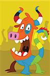 Taurus with stripe horn alien monster with colored dragon tail, pig nose, striped horns, look overjoyed smile on a yellow canyon background