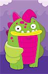 Amphibian fish looking alien monster cartoon illustration, on a wave and cloud purple background