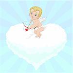 At Valentine's Day Cupid is aiming to shoot his arrow sitting on the heart shaped cloud