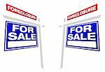 Pair of Blue Foreclosure For Sale Real Estate Signs In Perspective.