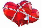 two glas hearts linked together with silver chain. isolated on white with clipping path.