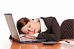 Tired overworked business woman sleeps in office on laptop. Isolated on white background.