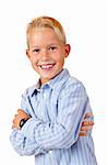 Portrait of young smiling boy with crossed arms. Isolated on white background.