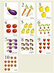 Fruits and vegetables  number cards,  illustration