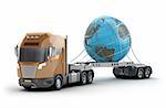 Modern truck carrying the earth, white background, 3d image