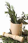 Preparing herbs in a mortar and pestle.