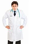 Stressful young medical doctor with stethoscope  isolated on white