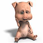 cute and funny cartoon pig. 3D rendering with clipping path and shadow over white