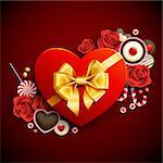 Red heart shape gift with sweets. Valentine background