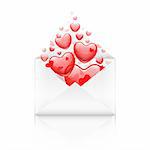 opened Valentine`s day envelope with red hearts