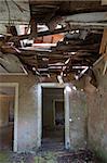 destroyed a wooden house with a broken ceiling