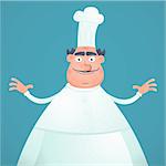 Illustration of an cartoon happy fat chef on a blue background