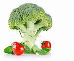 cabbage broccoli with tomatos and green leaves isolated on white background