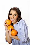 young beautiful woman with citrus orange fruit. isolated on white background