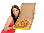 Pretty young casual woman with tasty pizza in delivery paper box.   solated on white background