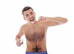 Middle aged man brushing his teeth in the morning. isolated on white background