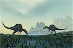 Two Spinosaurus dinosaurs drink from a marsh area in prehistoric times.