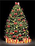 Christmas fir tree decorated with red and golden bows and balls over the black 3d render